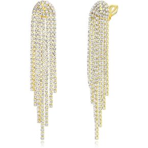 Sparkling Clear Crystal Clip-On Earrings for Women - Elegant Dangle Design with Tassel Fringe and Chandelier Crystals, Formal Occasions and Everyday Wear