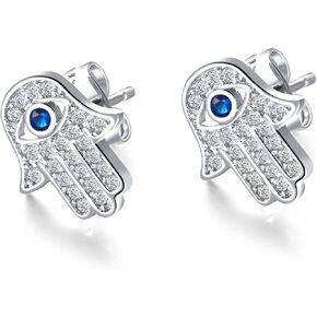 JAJAFOOK Hamsa Hand of Fatima Stud Earrings Zircon Evil Eye Post Earrings For Women Teen Girls, Silver/Gold Color