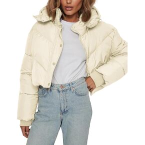 سترة Freyhem المنتفخة للنساء للشتاء كاجوال مبطنة بسحاب قصير منتفخ مع غطاء رأس قابل للفصل in Kuwait