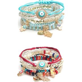 COLORFUL BLING 4/2 Sets Bohemian Stretch Beads Bracelets Multilayer Evil Eye Hamsa Hand Bracelet Boho Charms Stackable Bracelet Handmade Multicolor Crystal Beaded Lucky Protection Bangles Strand Set