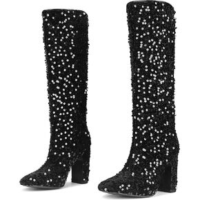 Cossansan Knee High Boots Women -GoGo Boots Sparkly Sequin Womens Boots Square Toe Pull On Boots for Women Chunky Heel Thigh High Boots Fashion Dress Heeled Boots Costume Disco Halloween Party Shoes