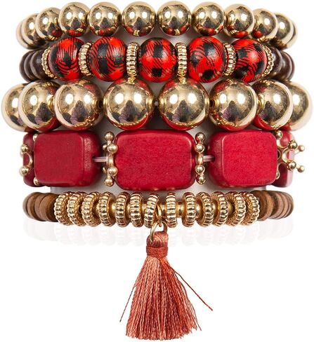 RIAH FASHION Bohemian Beaded Multi Layer Versatile Statement Bracelets - Stackable Stretch Strand Cuff Bangles Sparkly Crystal, Wood Beads in Saudi Arabia