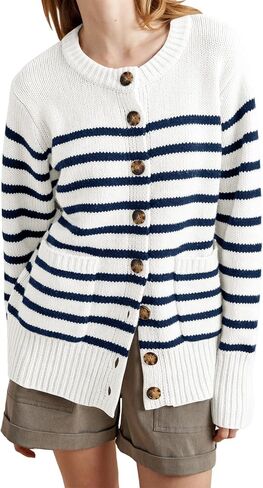 سترة نسائية Langwyqu مفتوحة من الأمام ورقبة دائرية وأكمام طويلة وسترات صوفية بأزرار سفلية ملابس خارجية مخططة مع جيوب in Kuwait