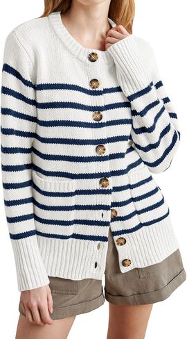 سترة نسائية Langwyqu مفتوحة من الأمام ورقبة دائرية وأكمام طويلة وسترات صوفية بأزرار سفلية ملابس خارجية مخططة مع جيوب in Kuwait