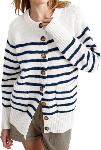 سترة نسائية Langwyqu مفتوحة من الأمام ورقبة دائرية وأكمام طويلة وسترات صوفية بأزرار سفلية ملابس خارجية مخططة مع جيوب in Kuwait