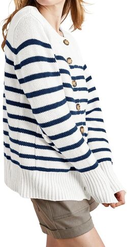 سترة نسائية Langwyqu مفتوحة من الأمام ورقبة دائرية وأكمام طويلة وسترات صوفية بأزرار سفلية ملابس خارجية مخططة مع جيوب in Kuwait