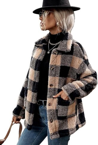 MakeMeChic Women's Fuzzy Fleece Jacket Casual Plaid Button Down Teddy Jacket Coat Outerwear in Saudi Arabia
