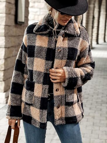 MakeMeChic Women's Fuzzy Fleece Jacket Casual Plaid Button Down Teddy Jacket Coat Outerwear in Saudi Arabia