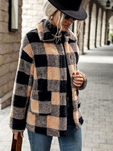 MakeMeChic Women's Fuzzy Fleece Jacket Casual Plaid Button Down Teddy Jacket Coat Outerwear in Saudi Arabia