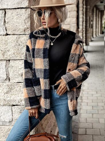MakeMeChic Women's Fuzzy Fleece Jacket Casual Plaid Button Down Teddy Jacket Coat Outerwear in Saudi Arabia