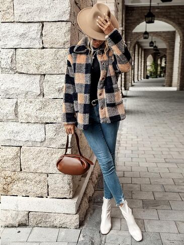 MakeMeChic Women's Fuzzy Fleece Jacket Casual Plaid Button Down Teddy Jacket Coat Outerwear in Saudi Arabia
