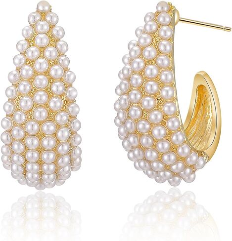 Aprilery Pearl Hoop Earrings for Women, Trendy 14K Gold Plated Round Pearl Cuff Hoop Earrings Hypoallergenic Statement Earrings Jewelry for Teen Girls Gifts for Her in Saudi Arabia