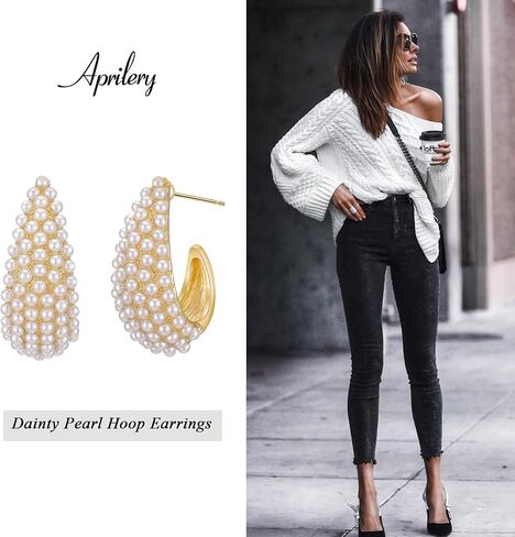 Aprilery Pearl Hoop Earrings for Women, Trendy 14K Gold Plated Round Pearl Cuff Hoop Earrings Hypoallergenic Statement Earrings Jewelry for Teen Girls Gifts for Her in Saudi Arabia