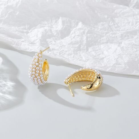 Aprilery Pearl Hoop Earrings for Women, Trendy 14K Gold Plated Round Pearl Cuff Hoop Earrings Hypoallergenic Statement Earrings Jewelry for Teen Girls Gifts for Her in Saudi Arabia