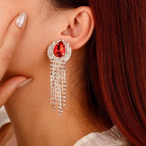 Xerling Rhinestones Tassel Fringe Chain Chandelier Earrings Gold Non-pierced Clip on Earrings Blue Green Red Crystal Earrings for Women Girls in Kuwait