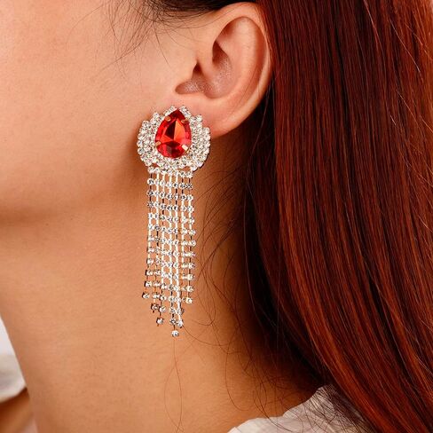 Xerling Rhinestones Tassel Fringe Chain Chandelier Earrings Gold Non-pierced Clip on Earrings Blue Green Red Crystal Earrings for Women Girls in Kuwait