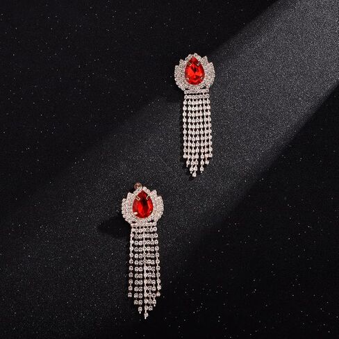 Xerling Rhinestones Tassel Fringe Chain Chandelier Earrings Gold Non-pierced Clip on Earrings Blue Green Red Crystal Earrings for Women Girls in Kuwait