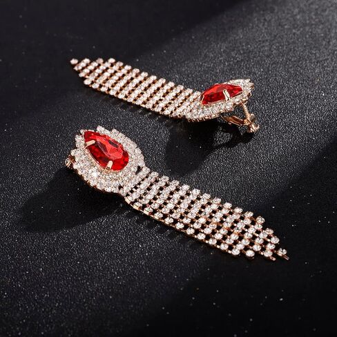 Xerling Rhinestones Tassel Fringe Chain Chandelier Earrings Gold Non-pierced Clip on Earrings Blue Green Red Crystal Earrings for Women Girls in Kuwait