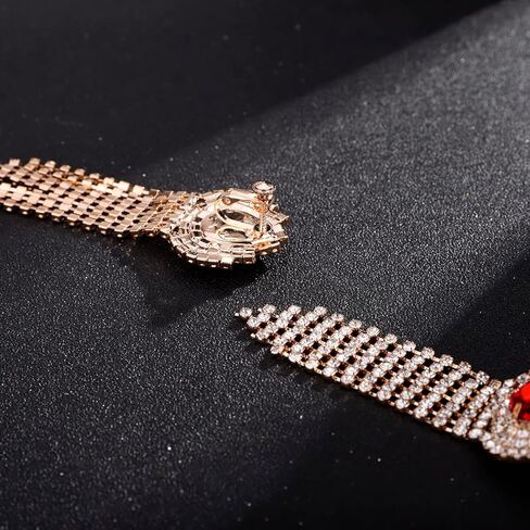 Xerling Rhinestones Tassel Fringe Chain Chandelier Earrings Gold Non-pierced Clip on Earrings Blue Green Red Crystal Earrings for Women Girls in Kuwait