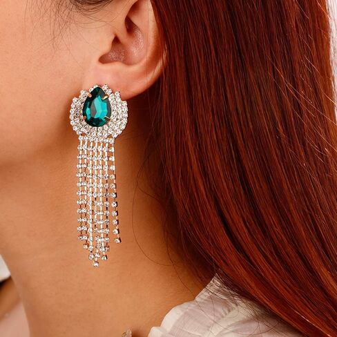 Xerling Rhinestones Tassel Fringe Chain Chandelier Earrings Gold Non-pierced Clip on Earrings Blue Green Red Crystal Earrings for Women Girls in Saudi Arabia