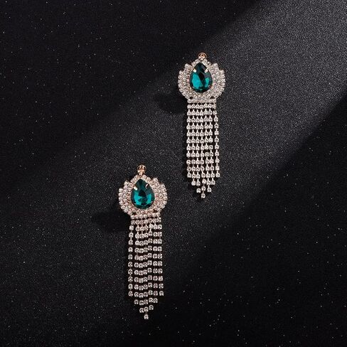 Xerling Rhinestones Tassel Fringe Chain Chandelier Earrings Gold Non-pierced Clip on Earrings Blue Green Red Crystal Earrings for Women Girls in Saudi Arabia
