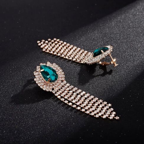 Xerling Rhinestones Tassel Fringe Chain Chandelier Earrings Gold Non-pierced Clip on Earrings Blue Green Red Crystal Earrings for Women Girls in Saudi Arabia