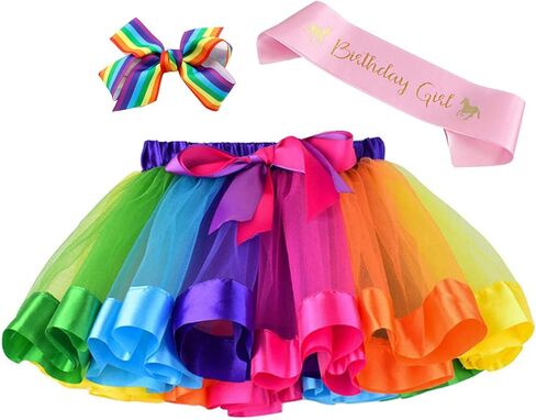 Layered Rainbow Tutu Skirt Costumes Set with Hair Bows Clips and Satin Sash for Girls Birthday Party Dress up (Purple/Blue/Rose Rainbow, L,4t~8t) in Saudi Arabia