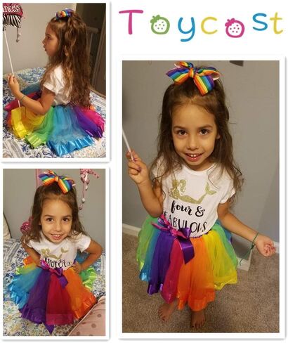 Layered Rainbow Tutu Skirt Costumes Set with Hair Bows Clips and Satin Sash for Girls Birthday Party Dress up (Purple/Blue/Rose Rainbow, L,4t~8t) in Saudi Arabia