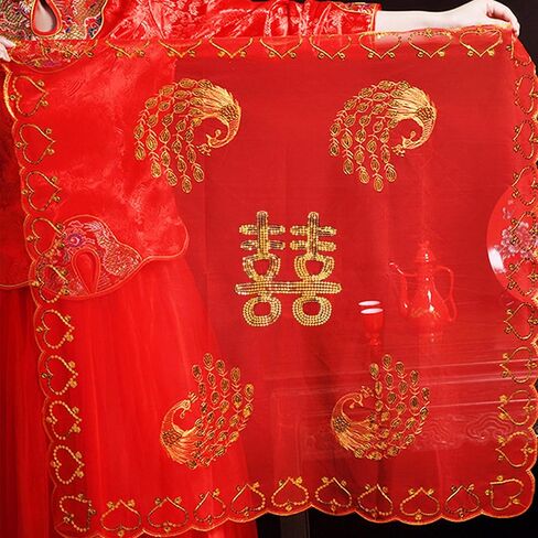 حجاب الزفاف الأحمر - حجاب الزفاف الأحمر الكلاسيكي - حجاب الزفاف الصيني للنساء قصير الزفاف - جمال الزفاف للعرائس العصريات - غطاء رأس إكسسوار دانتيل الزفاف للنساء in Kuwait