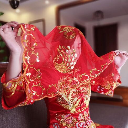 حجاب الزفاف الأحمر - حجاب الزفاف الأحمر الكلاسيكي - حجاب الزفاف الصيني للنساء قصير الزفاف - جمال الزفاف للعرائس العصريات - غطاء رأس إكسسوار دانتيل الزفاف للنساء in Kuwait