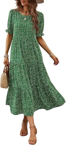 Naggoo Women's Summer Casual Boho Dress Floral Print Short Puff Sleeve Midi Beach Dresses in Kuwait