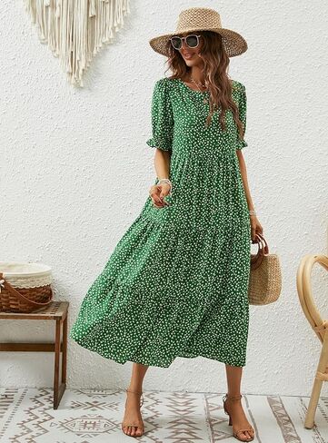 Naggoo Women's Summer Casual Boho Dress Floral Print Short Puff Sleeve Midi Beach Dresses in Kuwait