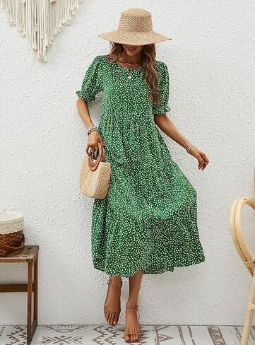Naggoo Women's Summer Casual Boho Dress Floral Print Short Puff Sleeve Midi Beach Dresses in Kuwait