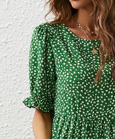 Naggoo Women's Summer Casual Boho Dress Floral Print Short Puff Sleeve Midi Beach Dresses in Kuwait