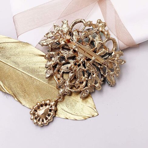 LAXPICOL Wedding Bridal Big Brown Crystal Rhinestone Bouquet Brooch Pin for Women Golden Tone in Saudi Arabia
