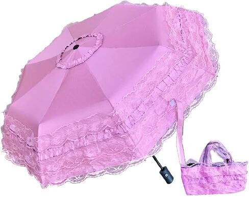 Ruoxian Unique Auto close/open Princess Lace Folding Umbrella Anti-uv Parasol sun rain umbrella sunshades with lace decoration compact enough to fit in tote bag prop for a Victorian mourning event Halloween freak show party with a lace hand bag in Saudi Arabia