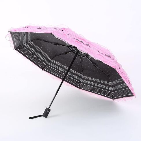Ruoxian Unique Auto close/open Princess Lace Folding Umbrella Anti-uv Parasol sun rain umbrella sunshades with lace decoration compact enough to fit in tote bag prop for a Victorian mourning event Halloween freak show party with a lace hand bag in Saudi Arabia