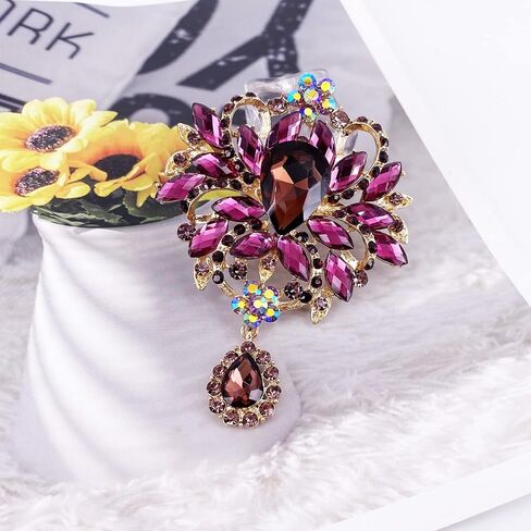 LAXPICOL Wedding Bridal Big Brown Crystal Rhinestone Bouquet Brooch Pin for Women Golden Tone in Saudi Arabia