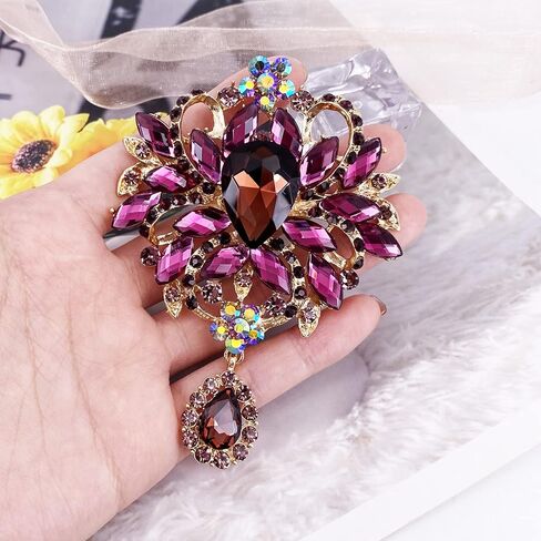 LAXPICOL Wedding Bridal Big Brown Crystal Rhinestone Bouquet Brooch Pin for Women Golden Tone in Saudi Arabia