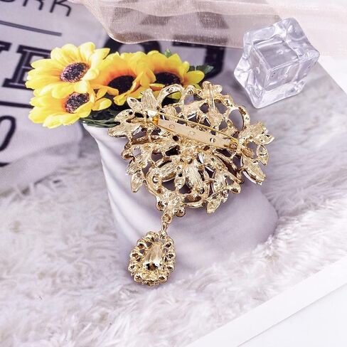 LAXPICOL Wedding Bridal Big Brown Crystal Rhinestone Bouquet Brooch Pin for Women Golden Tone in Saudi Arabia
