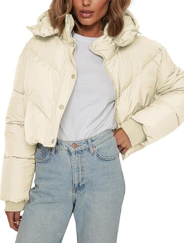 سترة Freyhem المنتفخة للنساء للشتاء كاجوال مبطنة بسحاب قصير منتفخ مع غطاء رأس قابل للفصل in Kuwait