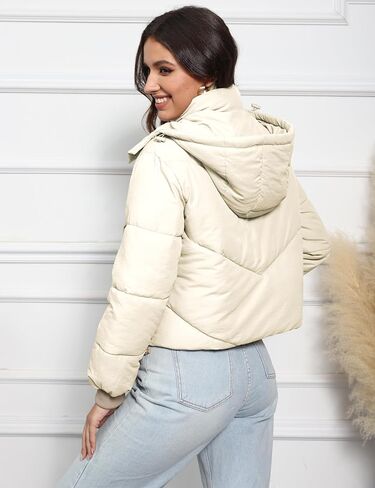 سترة Freyhem المنتفخة للنساء للشتاء كاجوال مبطنة بسحاب قصير منتفخ مع غطاء رأس قابل للفصل in Kuwait