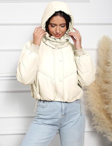 سترة Freyhem المنتفخة للنساء للشتاء كاجوال مبطنة بسحاب قصير منتفخ مع غطاء رأس قابل للفصل in Kuwait