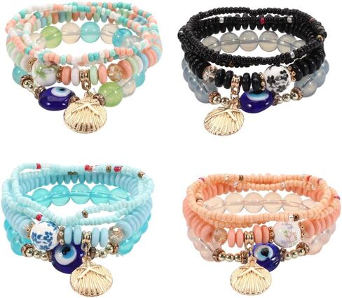 COLORFUL BLING 4/2 Sets Bohemian Stretch Beads Bracelets Multilayer Evil Eye Hamsa Hand Bracelet Boho Charms Stackable Bracelet Handmade Multicolor Crystal Beaded Lucky Protection Bangles Strand Set in Saudi Arabia