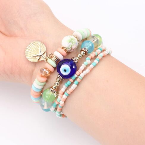 COLORFUL BLING 4/2 Sets Bohemian Stretch Beads Bracelets Multilayer Evil Eye Hamsa Hand Bracelet Boho Charms Stackable Bracelet Handmade Multicolor Crystal Beaded Lucky Protection Bangles Strand Set in Saudi Arabia