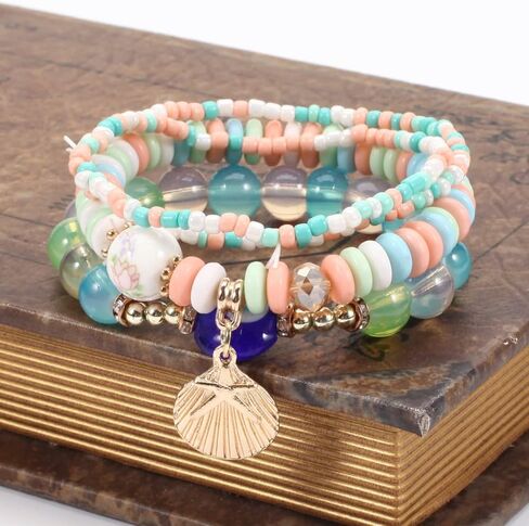 COLORFUL BLING 4/2 Sets Bohemian Stretch Beads Bracelets Multilayer Evil Eye Hamsa Hand Bracelet Boho Charms Stackable Bracelet Handmade Multicolor Crystal Beaded Lucky Protection Bangles Strand Set in Saudi Arabia