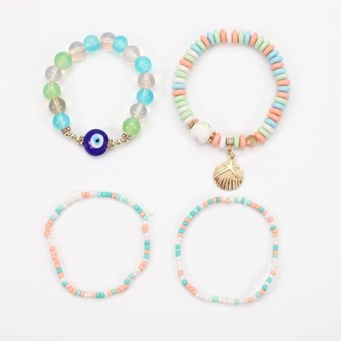COLORFUL BLING 4/2 Sets Bohemian Stretch Beads Bracelets Multilayer Evil Eye Hamsa Hand Bracelet Boho Charms Stackable Bracelet Handmade Multicolor Crystal Beaded Lucky Protection Bangles Strand Set in Saudi Arabia