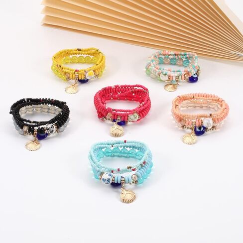 COLORFUL BLING 4/2 Sets Bohemian Stretch Beads Bracelets Multilayer Evil Eye Hamsa Hand Bracelet Boho Charms Stackable Bracelet Handmade Multicolor Crystal Beaded Lucky Protection Bangles Strand Set in Saudi Arabia