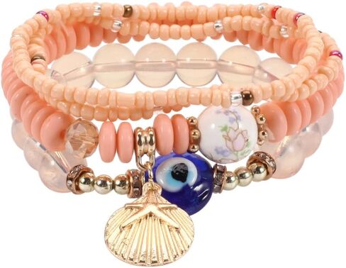 COLORFUL BLING 4/2 Sets Bohemian Stretch Beads Bracelets Multilayer Evil Eye Hamsa Hand Bracelet Boho Charms Stackable Bracelet Handmade Multicolor Crystal Beaded Lucky Protection Bangles Strand Set in Saudi Arabia