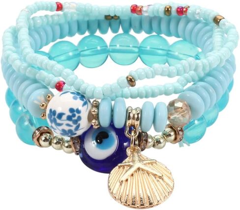 COLORFUL BLING 4/2 Sets Bohemian Stretch Beads Bracelets Multilayer Evil Eye Hamsa Hand Bracelet Boho Charms Stackable Bracelet Handmade Multicolor Crystal Beaded Lucky Protection Bangles Strand Set in Saudi Arabia